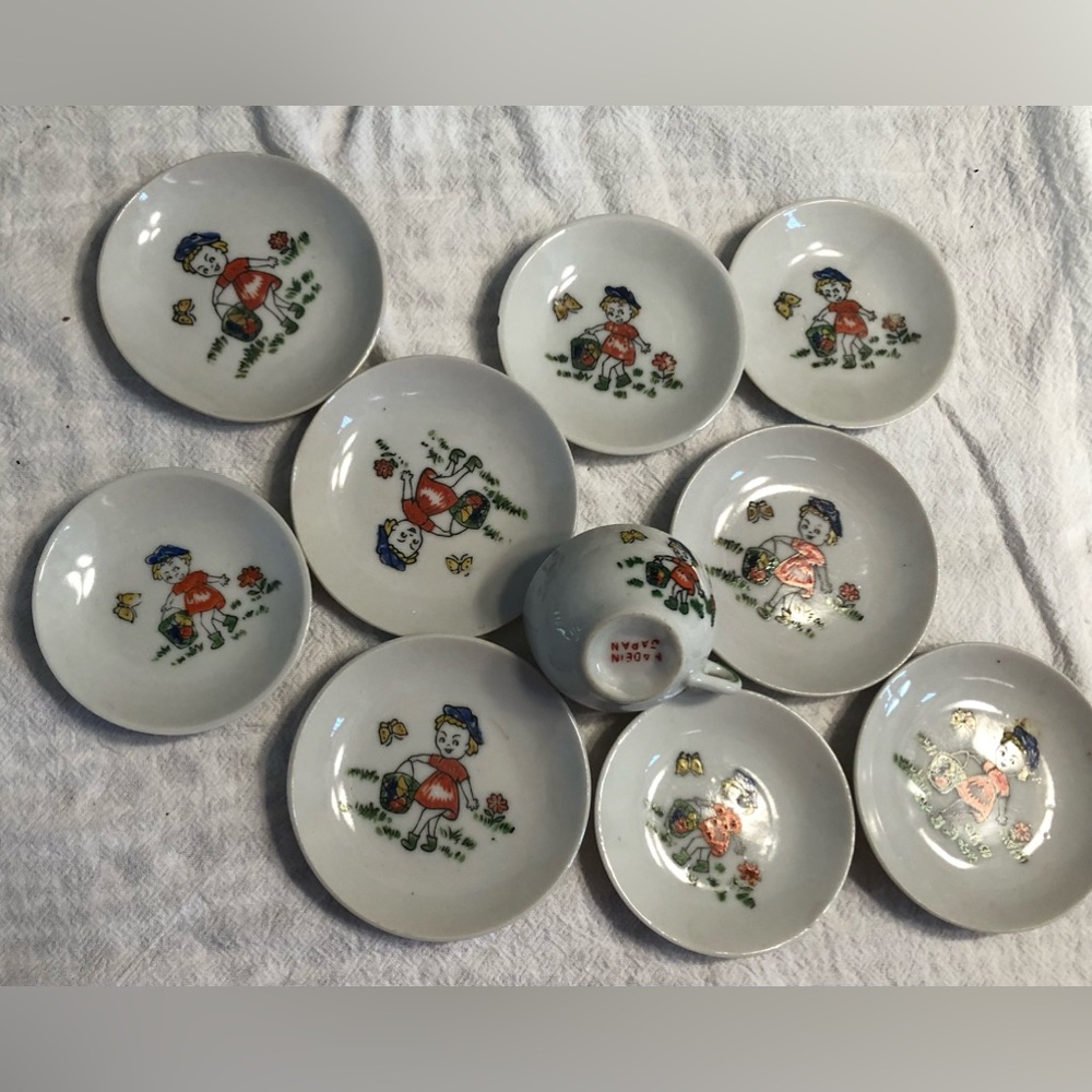 Japan Porcelain 1960s Doll Child Dishes Girl Flowers Plates Cup Vintage